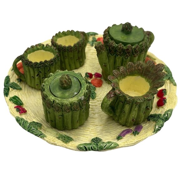 Vtg 90s Miniature Resin Asparagus Tea Set w/ Plate Mini Garden Cottage Dollhouse - Picture 3 of 12